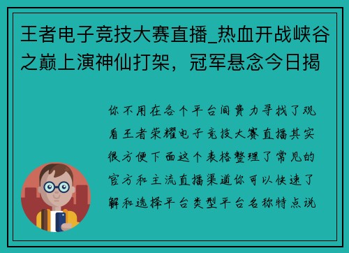 王者电子竞技大赛直播_热血开战峡谷之巅上演神仙打架，冠军悬念今日揭晓